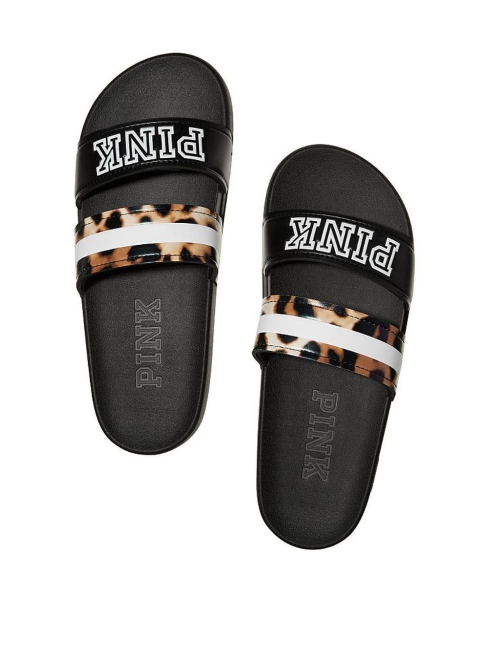 PINK Victoria's Secret Black Leopard Print & White Stripe Slide Sandals